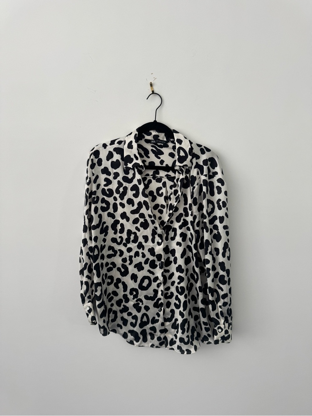 Zara Black and White Leopard Print Button-Down Shirt